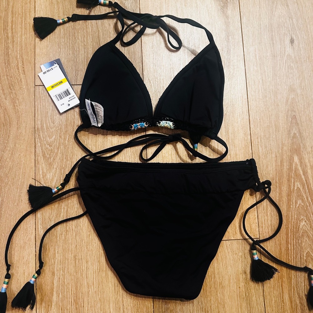 Isabella Rose Womens Crochet Floral Tassel Bikini Set Black Medium 4162064M - Picture 4 of 9